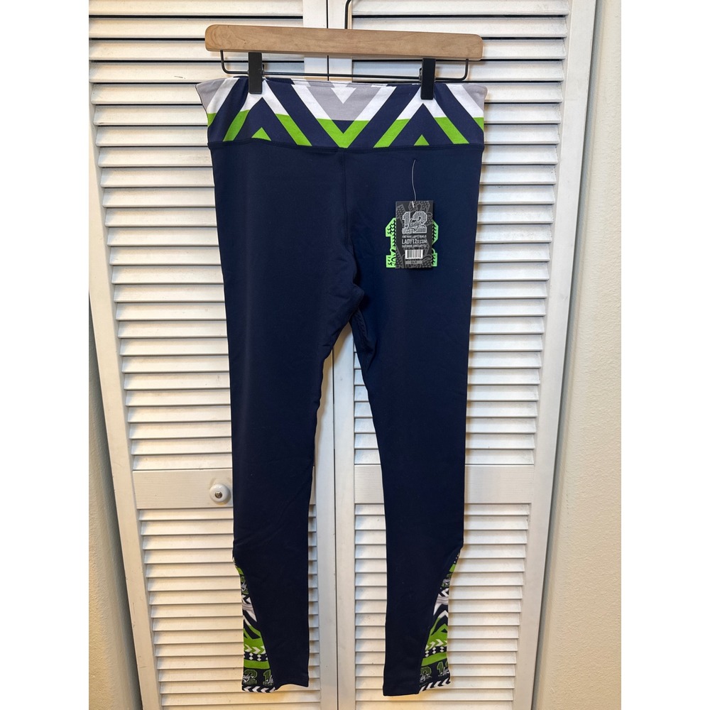 Lady 12s Seattle Seahawks Navy Blue Neon Green Chevron Leggings Womens Large NWT